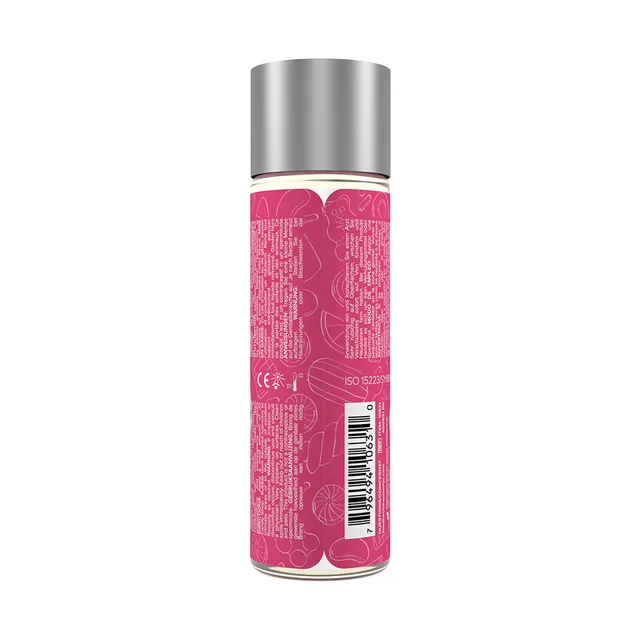 JO Candy Shop Cotton Candy 2 oz lubricant back of bottle with pink text pattern, barcode and silver cap