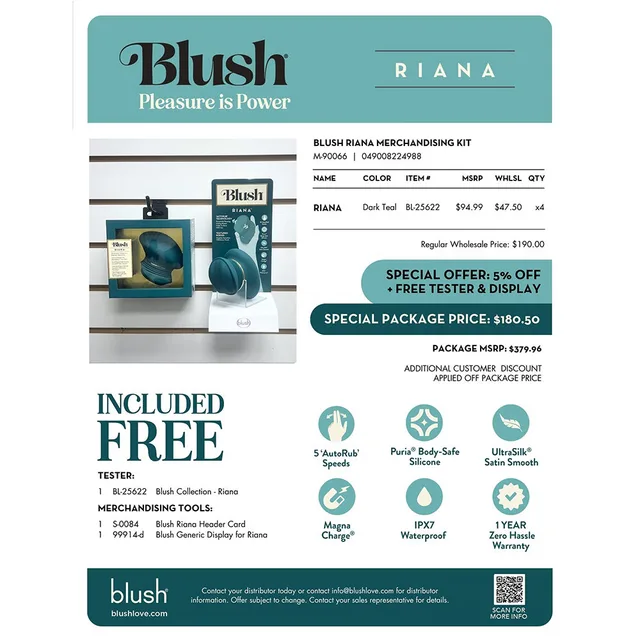 Blush Riana merchandising kit sell sheet showing the Riana display components
