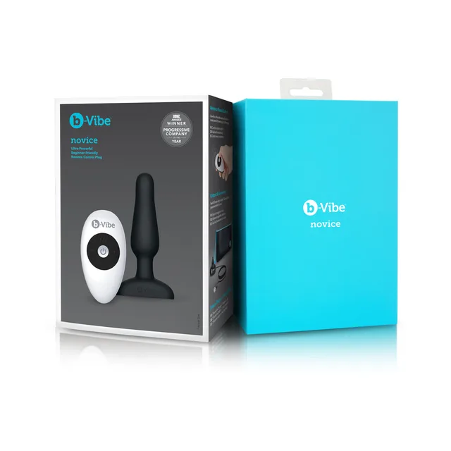 b-Vibe Novice Black Silicone Plug retail carton beside blue presentation box