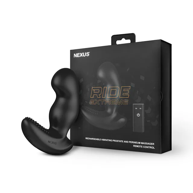 Nexus Ride Extreme black vibrator displayed beside retail box