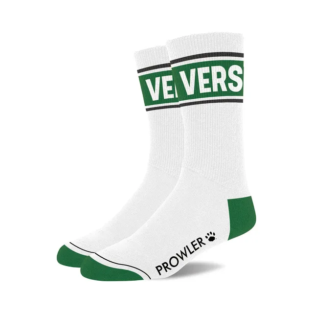 Prowler Vers white cotton crew socks pair with green VERS cuff lettering green heels and green toes