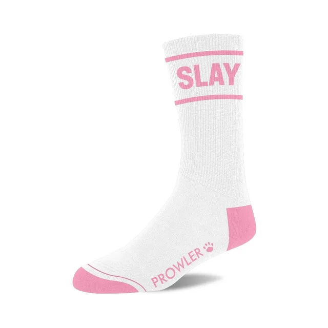 Single Slay white crew sock with pink heel and toe