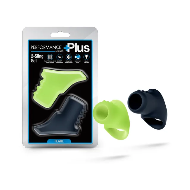 Performance Plus Flare black and neon slings beside package