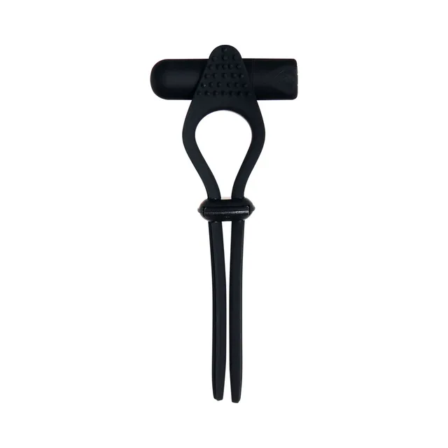 Front view of black silicone cock tie with textured top bar