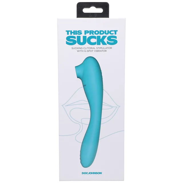 Teal This Product Sucks vibrator on front of white box