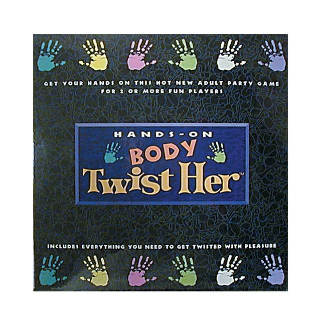 Hands On Body Twist Her adult party game black box with multicolor handprints and gold-blue title