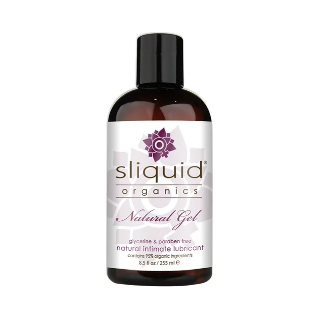 Amber 8.5 oz Sliquid Organics Natural Gel bottle with black cap and purple label
