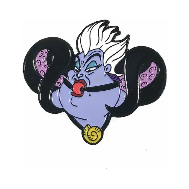 purple Sea Witch enamel pin with white hair, black tentacles and gold pendant