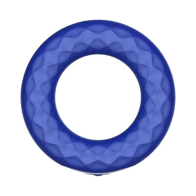 Front view of blue F-15 ring with faceted outer surface