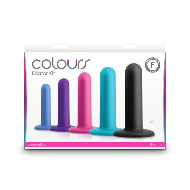 five multicolor Colours silicone dilators displayed in white box