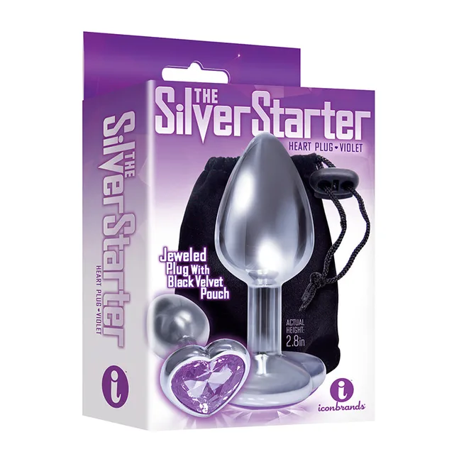 Silver Starter Steel Plug with Violet Heart Gem and carton