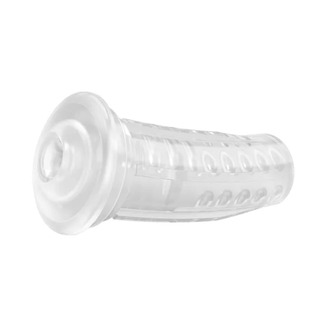 Clear Lovense Max 2 neutral sleeve with circular opening and ribbed channel