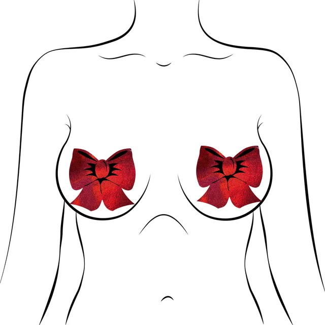 placement diagram showing red bow Pastease pasties on a torso outline