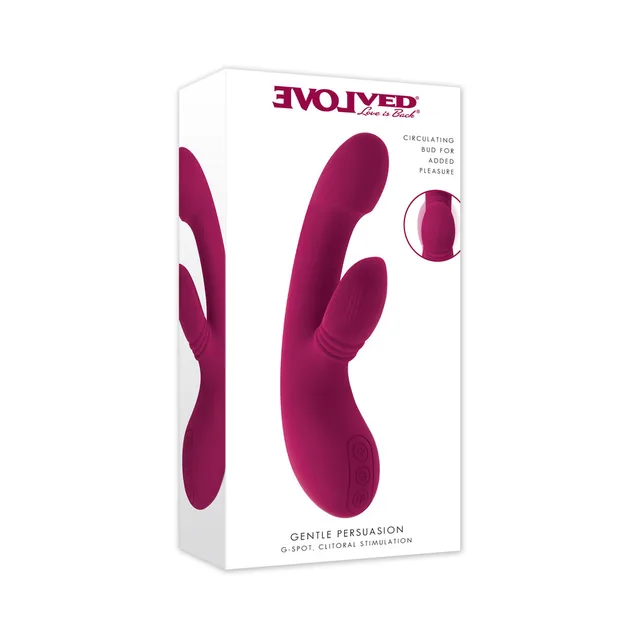 Evolved Gentle Persuasion burgundy dual massager displayed in its tall white retail box
