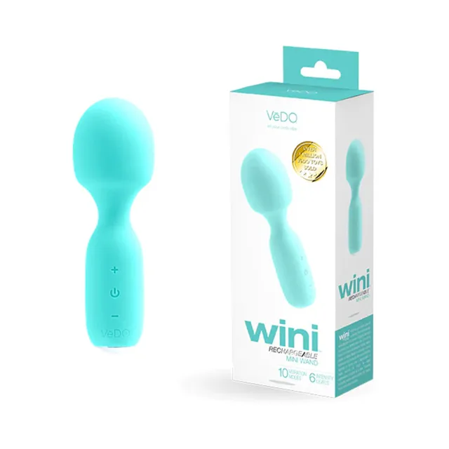 Turquoise VeDO Wini mini wand beside white and teal retail box