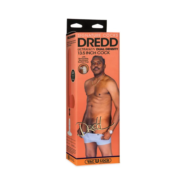 Dredd 13.5-inch chocolate ULTRASKYN dildo in tall orange retail box