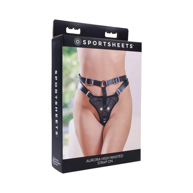 Sportsheets Aurora black high-waisted strap-on harness pictured on retail box