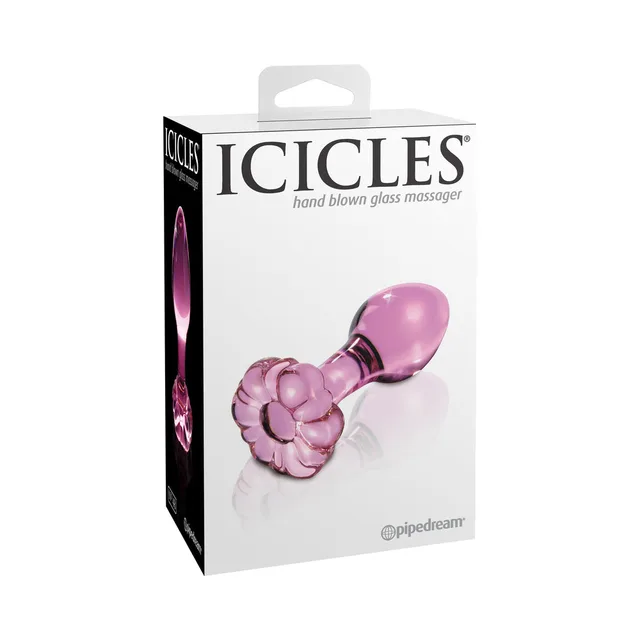 Pipedream Icicles No. 48 retail box beside pink flower-base plug
