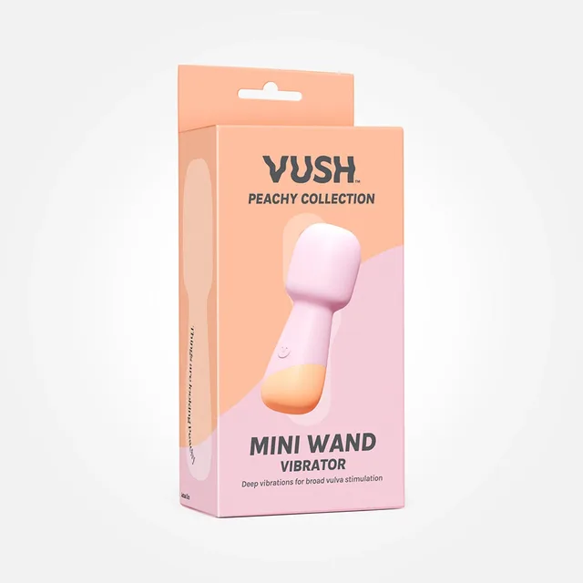 VUSH Peachy light-pink mini wand with rounded head on peach-colored retail box