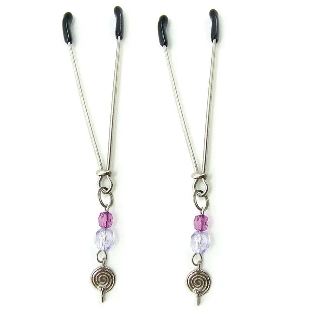 pair of long silver-tone nipple clamps with purple beads and spiral charms