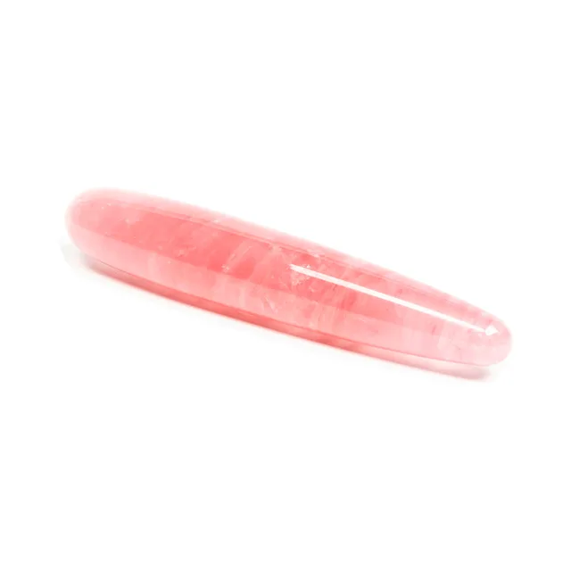Long angled view of polished Heart Slim pink crystal wand