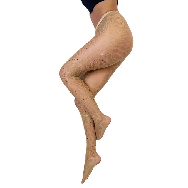 Tan size D Kixies fishnet tights with green purple and gold rhinestones