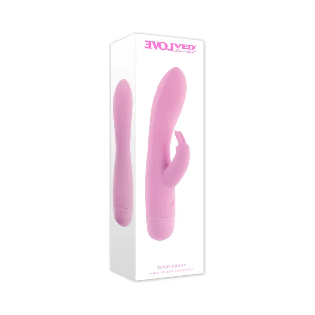Evolved Cushy Bunny Petal vibrator beside its white retail box