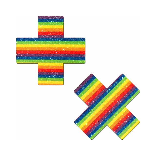 rainbow-striped glitter Pastease pasties with upright and diagonal cross shapes