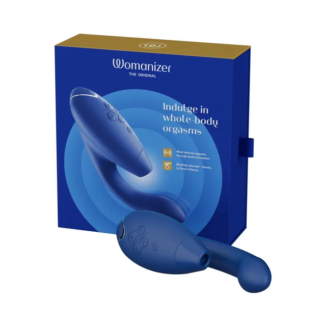 Womanizer Duo 2 Blueberry vibrator beside blue box