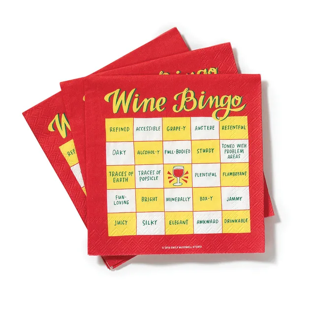 Wine Bingo red cocktail napkins stacked with multicolor wine-word grid and yellow title