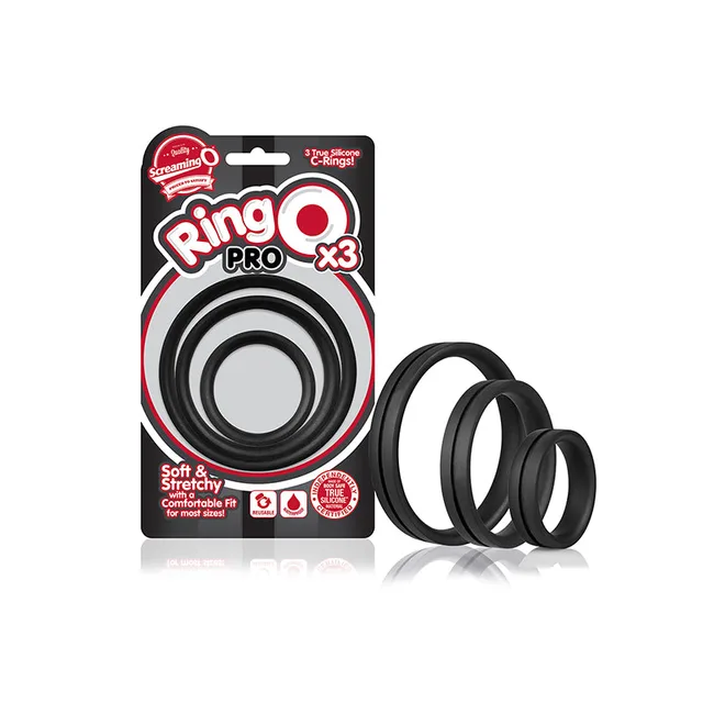 Screaming O RingO Pro Black Rings 3 Pack three graduated rings beside red white package