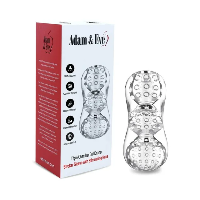 Adam & Eve Triple Chamber clear textured stroker pictured beside white retail box