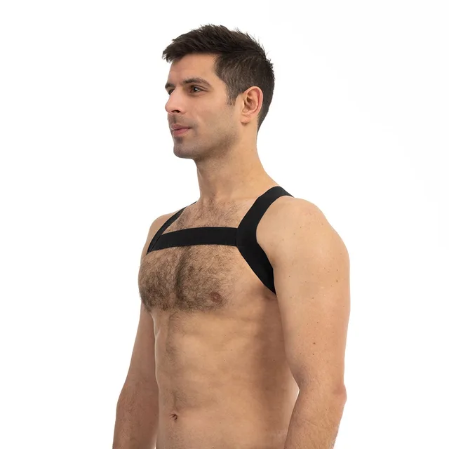 Angled front view of S/M black Prowler RED sports harness