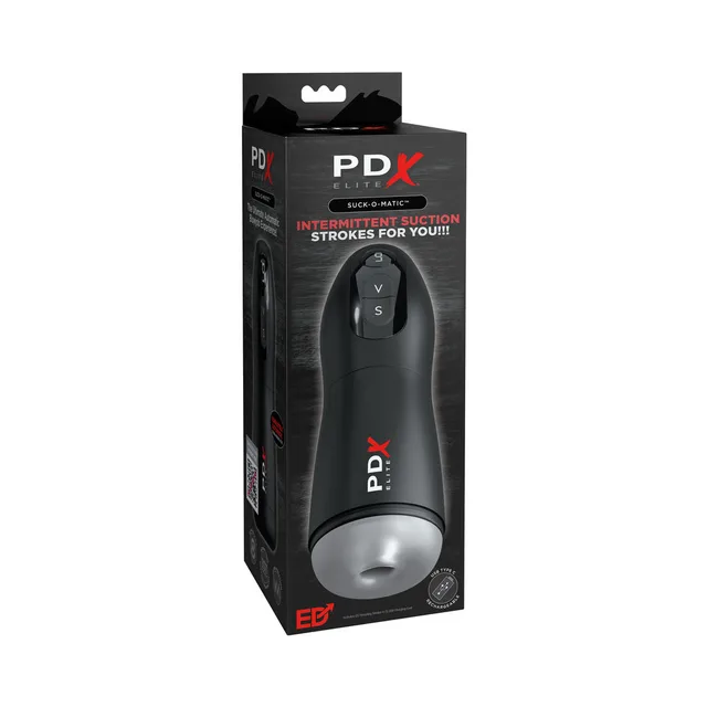 PDX Elite Suck-O-Matic black stroker with frosted opening pictured on box