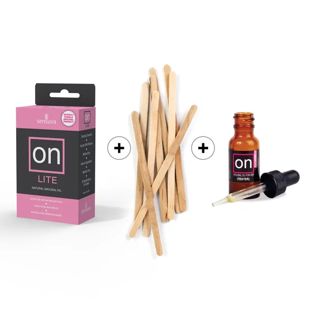 Sensuva ON Lite pink box amber dropper bottle tester and wooden sticks
