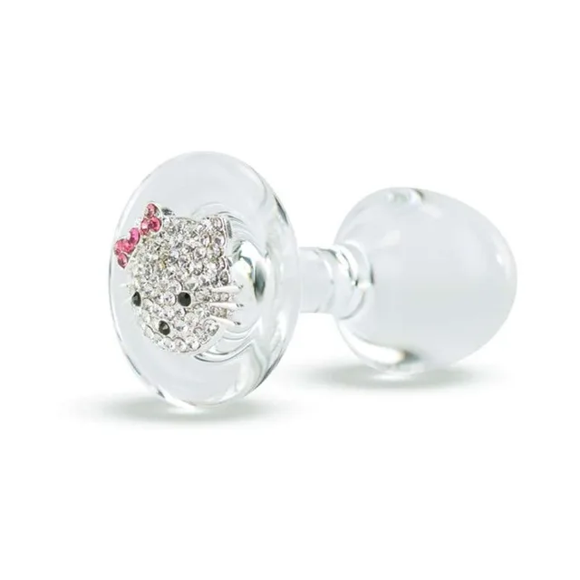 clear Kitty glass plug with silver cat face inside round base