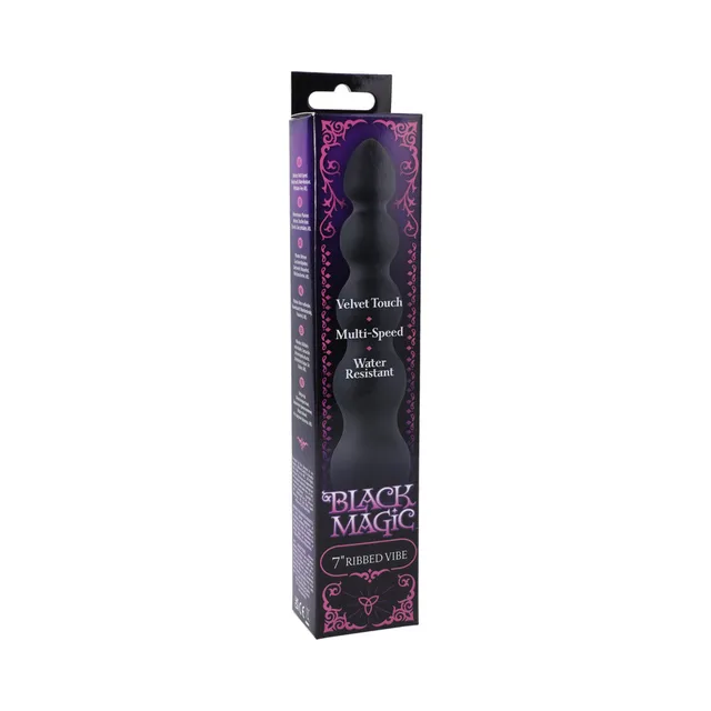 Black Magic 7-Inch Vibrator angled purple and black retail box