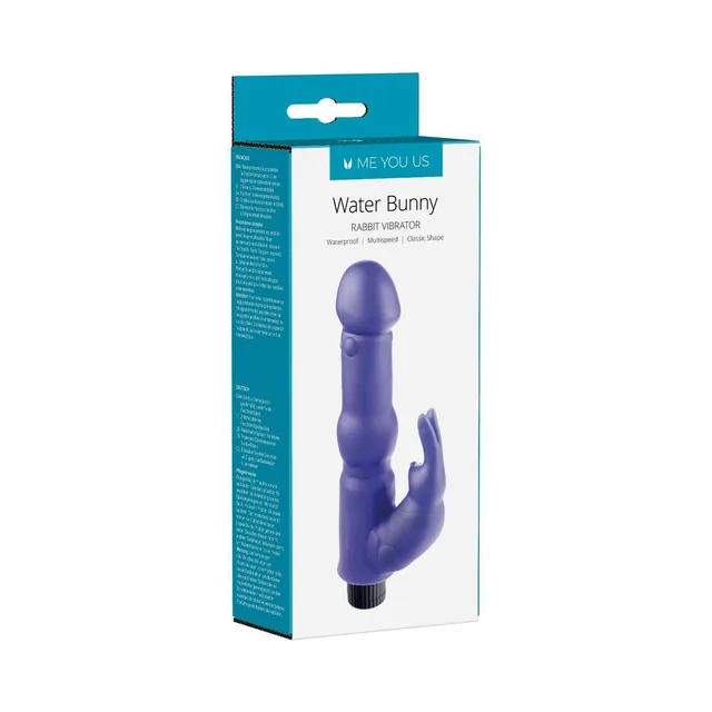 purple Me You Us Water Bunny rabbit vibrator with curved twin-ear arm in teal box