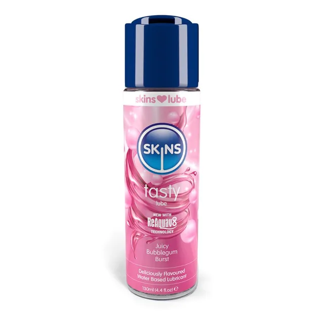 Front of Skins Bubblegum 4.4 oz lubricant bottle with pink label