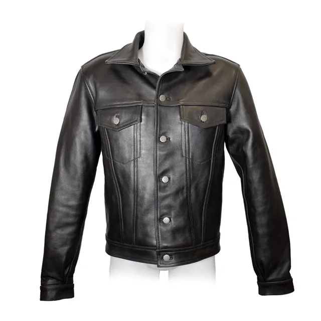Closed Front Product view of black Prowler RED Leather Trucker Jacket in size 2XL