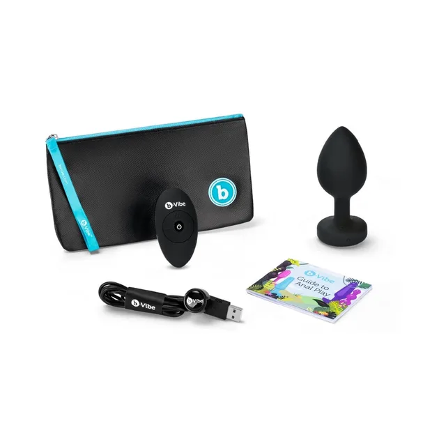 Black b-Vibe Jewel Plug with remote, cable, pouch and cards