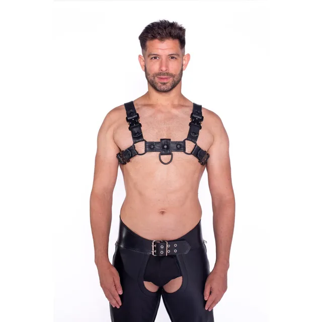 Model Front view of black Prowler RED Bull Harness with metal fittings in size XL