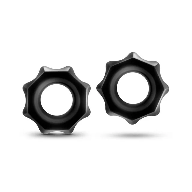 Stay Hard Nutz pair of gear-edged black rings from front