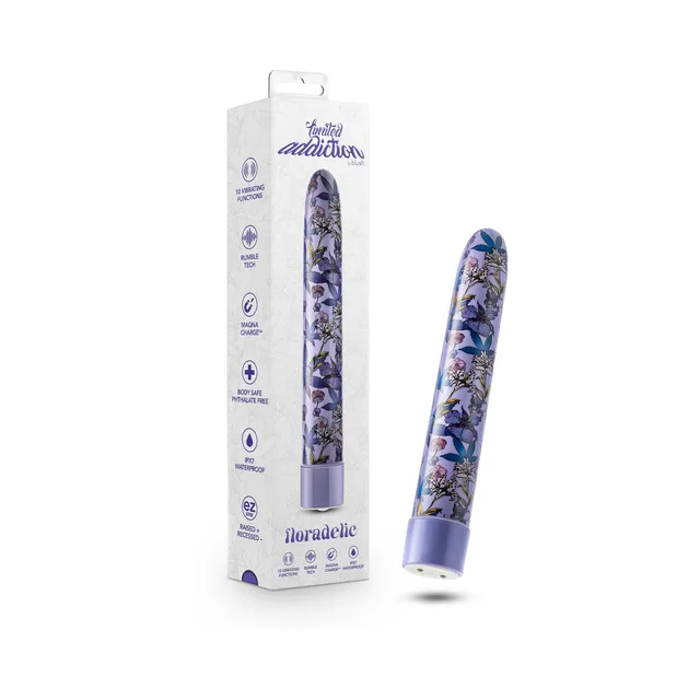 purple floral Limited Addiction Floradelic vibrator beside white box
