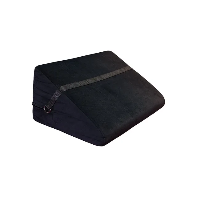 Black sloped positioning wedge with top strap, zipper and metal side rings