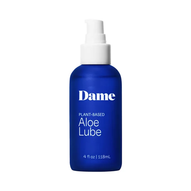 Front view of Dame Aloe Lube cobalt-blue pump bottle