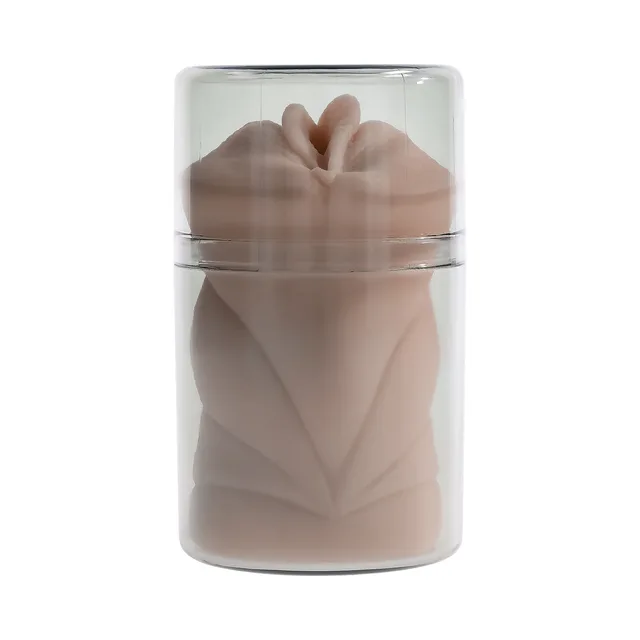 Beige sculpted Sasha Grey mini stroker inside clear storage case