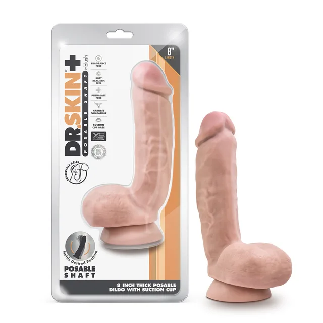Dr. Skin Plus Thick beige 8-inch dildo beside retail package