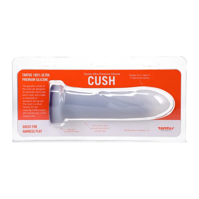 Retail package of Tantus Cush O2 Twilight with dildo visible inside