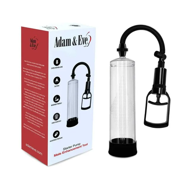 Adam & Eve Starter clear cylinder pump beside white retail box